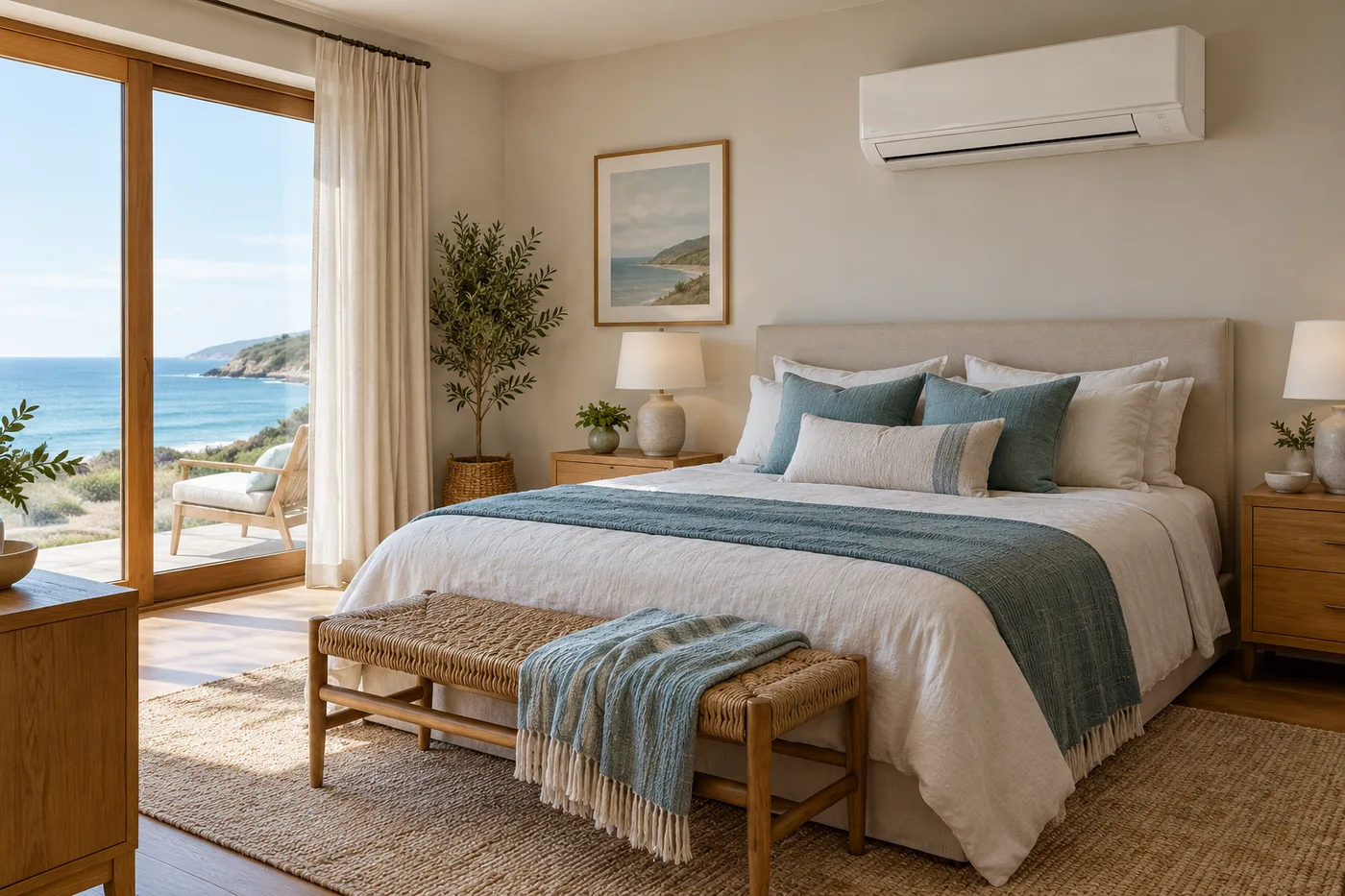 AI illustration of a bedroom with a wall-mounted air conditioner