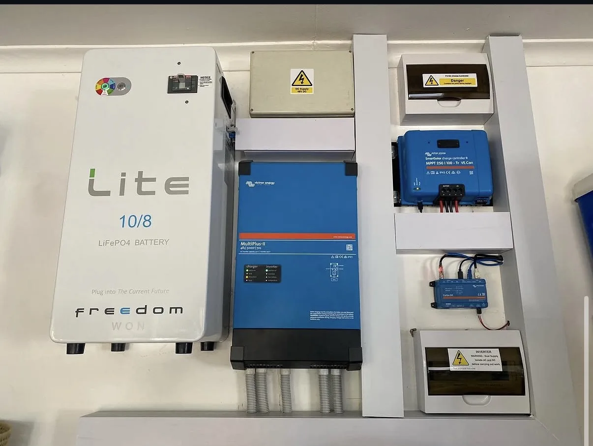 Blue Victron inverter and charge controller beside a Freedom Won battery